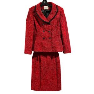 Vintage Tweed Red and black Skirt Suit Set Size 8
